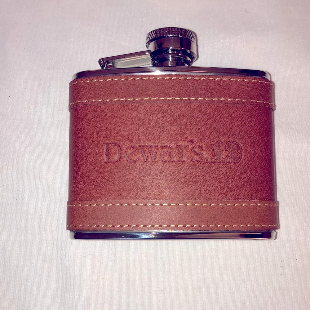 Dewar's 12 Logo Leather Covered Stainless Steel 4 oz. Flask